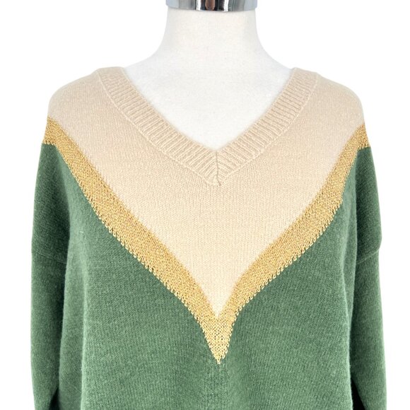 Aaron & Amber Chevron V-Neck Sweater Beige Gold Green Size Medium - Picture 2 of 12